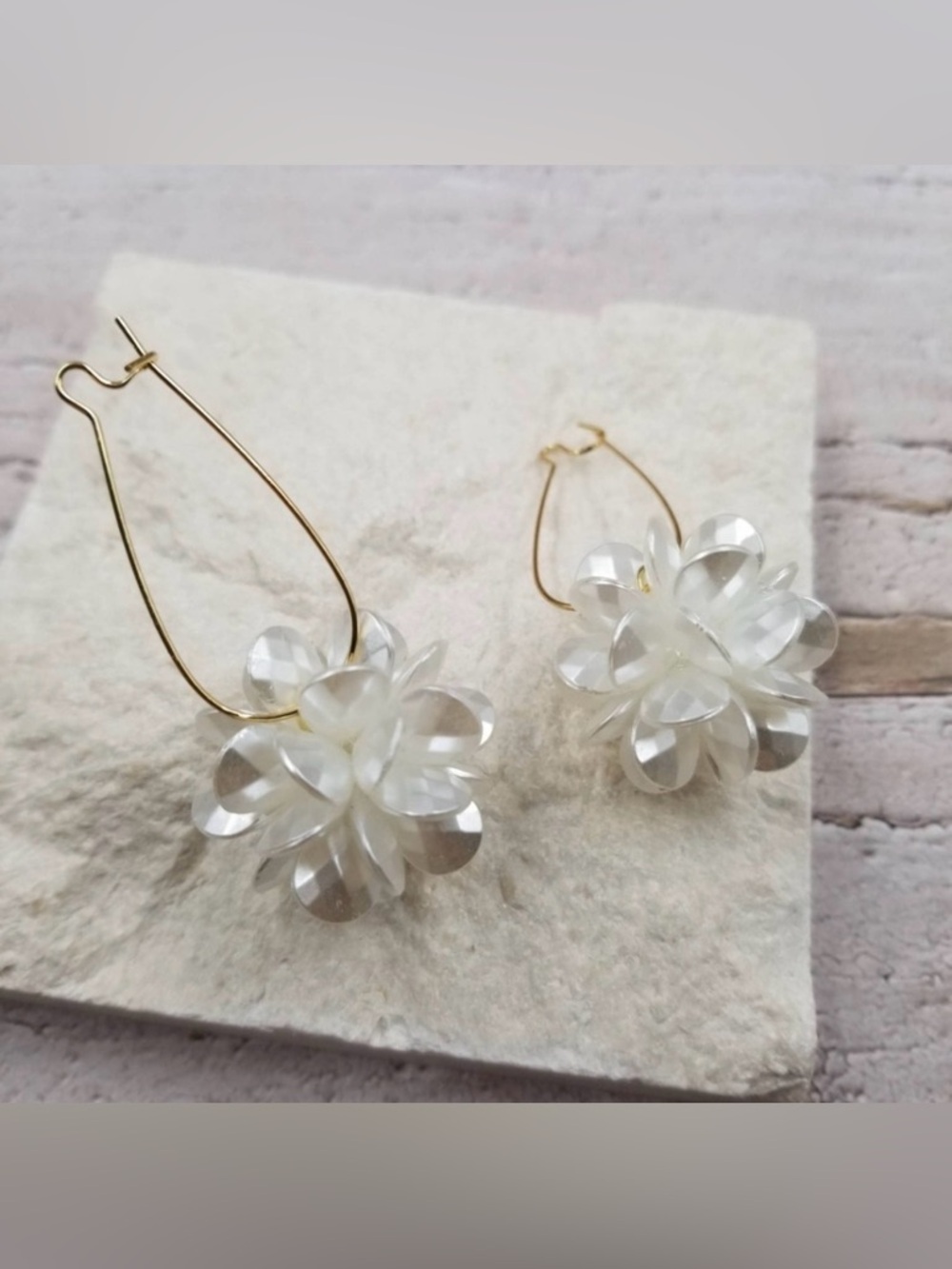 Delicate White Floral Drop Earrings with Gold Hoops - Picture 3 of 4